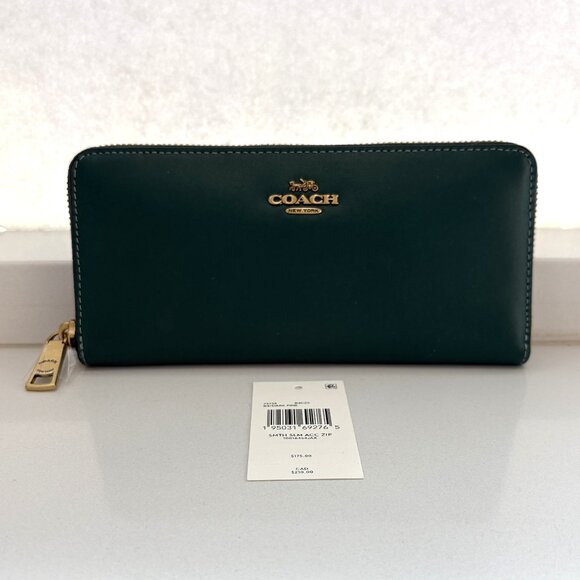 Coach Smooth Leather Slim Accordion Zip Wallet Dark Pine Green 73738 NEW - Picture 1 of 7